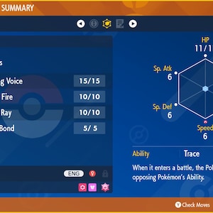May include: A blue and orange screen displaying a Pokémon status summary for a Ralts. The screen shows the Pokémon's current moves, Disarming Voice, Mystical Fire, Confuse Ray, and Destiny Bond, along with the Pokémon's stats, HP, Attack, Defence, Special Attack, Special Defence, and Speed.
