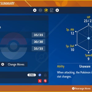 Puede incluir: Una captura de pantalla de un juego de Pok&eacute;mon que muestra a un Fuecoco, un Pok&eacute;mon de tipo Fuego, con sus estad&iacute;sticas y movimientos. El Pok&eacute;mon es de nivel 5 y tiene 23/23 PS, 12 Atq. Esp, 10 Def. Esp, 9 Ataque, 13 Defensa y 9 Velocidad. Sus movimientos actuales son Placaje, Rugido y Ascuas. La habilidad del Pok&eacute;mon es Inconsciente, lo que significa que ignora los cambios de estad&iacute;sticas del objetivo cuando ataca.