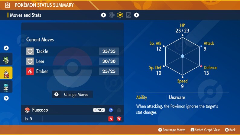 Puede incluir: Una captura de pantalla de un juego de Pok&eacute;mon que muestra a un Fuecoco, un Pok&eacute;mon de tipo Fuego, con sus estad&iacute;sticas y movimientos. El Pok&eacute;mon es de nivel 5 y tiene 23/23 PS, 12 Atq. Esp, 10 Def. Esp, 9 Ataque, 13 Defensa y 9 Velocidad. Sus movimientos actuales son Placaje, Rugido y Ascuas. La habilidad del Pok&eacute;mon es Inconsciente, lo que significa que ignora los cambios de estad&iacute;sticas del objetivo cuando ataca.