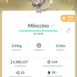 May include: A mobile game screen displays a Minccino character with a CP of 359. The character is white with black bows and glasses. The screen shows stats, including weight (3.01kg) and height (0.33m), and options to power up or evolve.