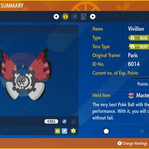 Pode incluir: Um Pokémon Vivillon com um padrão vermelho, branco e preto nas suas asas. O Pokémon está no nível 12 e tem um tipo Tera Inseto. O Pokémon está segurando uma Master Ball, que é descrita como a melhor Poké Ball com o nível máximo de desempenho. O número de identificação do Pokémon é 6014 e ele tem 1.728 pontos de experiência.