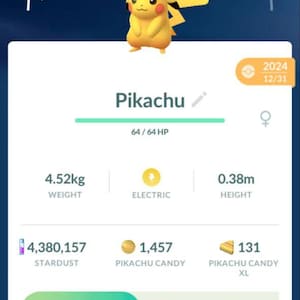 May include: A mobile game screen featuring Pikachu wearing a winter hat. The screen displays Pikachu's stats: 4.52kg weight, 0.38m height, and various candies and stardust. The game interface includes options to power up and evolve Pikachu.