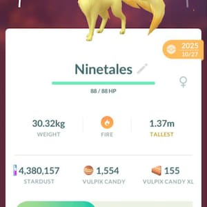 May include: A mobile game screen displays a yellow Ninetales character with nine fluffy tails. The screen shows the character's stats, including weight (30.32kg), height (1.37m), and various game metrics like Stardust and Vulpix Candy.