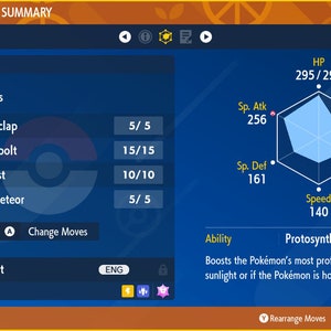 May include: A blue and yellow Pokemon status summary screen showing a blue Pokemon named Raging Bolt, level 75. The Pokemon's stats are displayed in a hexagon graph with the following values: HP 295/295, Attack 123, Defense 164, Special Attack 256, Special Defense 161, and Speed 140. The Pokemon's ability is Protosynthesis, which boosts the Pokemon's most proficient stat in harsh sunlight or if the Pokemon is holding Booster Energy. The Pokemon's current moves are Thunderclap, Thunderbolt, Tera Blast, and Draco Meteor.