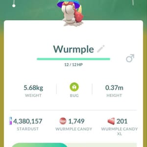 May include: A mobile game screen displays a Wurmple character wearing a party hat. The character is 0.37m tall and weighs 5.68kg. The screen shows 1,749 Wurmple Candy and 201 Wurmple Candy XL.