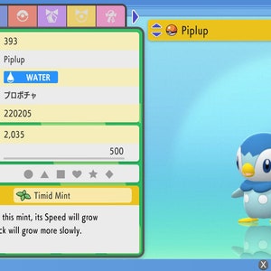 Pode incluir: Um personagem Pokémon Piplup azul e branco da série de videogames Pokémon. O personagem é de nível 15 e está segurando um item Menta Tímida. O texto na tela diz "Quando um Pokémon cheira esta menta, sua Velocidade crescerá mais facilmente, mas seu Ataque crescerá mais lentamente."