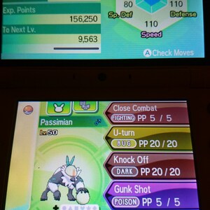 Pode incluir: Uma captura de tela de um jogo Nintendo 3DS mostrando um Pokémon Passimian de nível 50. O Pokémon é do tipo Luta e tem um esquema de cores verde e branco. A tela também mostra as estatísticas e os movimentos do Pokémon.