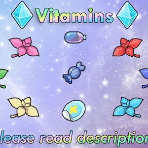 Pode incluir: Uma imagem colorida com a palavra "Vitaminas" no centro. A imagem apresenta várias vitaminas Pokémon, incluindo vitaminas em forma de folha verde, azul, vermelha e amarela, bem como vitaminas em forma de garrafa azul e roxa. Há também duas Poké Balls na parte inferior da imagem.