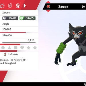 Op de afbeelding: Een zwart en groen Zarude Pokémon-personage uit de Pokémon-videogameserie. Het personage is level 60 en heeft de typen Dark en Grass. Het personage houdt het item Leftovers vast, dat de HP van de houder langzaam herstelt tijdens elke strijd.