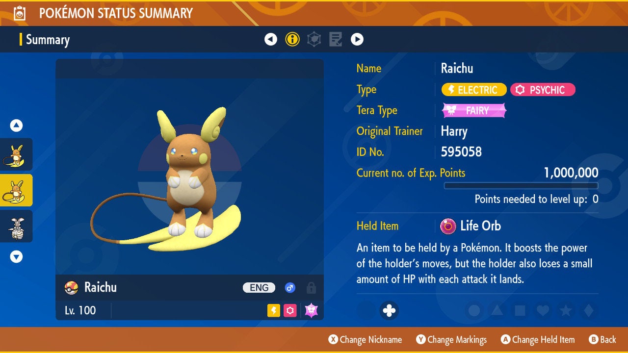 Pokemon Let's Go Shiny Alolan Raichu 6IV-AV Trained