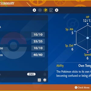 May include: A blue and white Pokemon status summary screen showing a Tandemaus Pokemon with the moves Feint, Bite, Switcheroo, and Baton Pass. The Pokemon's stats are displayed in a hexagon with HP, Attack, Defense, Special Attack, Special Defense, and Speed.