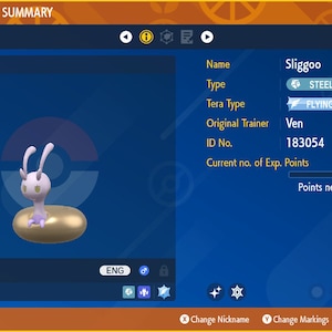 May include: A 3D rendering of a Sliggoo Pokemon, a light purple and white creature with long ears, sitting on a golden inflatable ring. The Pokemon is level 40 and has a Steel and Dragon type. Its Tera type is Flying. The Pokemon's ID number is 183054 and it has 80,000 experience points. It needs 6,151 more experience points to level up.