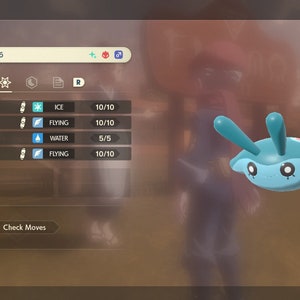 May include: A blue and white Mantyke Pokemon character with the text "Mantyke Lv. 46" and a list of moves: Ice Beam, Air Slash, Hydro Pump, and Roost.