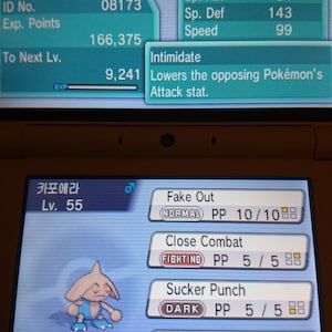 Pode incluir: Uma captura de tela de um jogo Nintendo DS mostrando um Pokémon Hitmontop com o nome "권도훈" e o número de identificação 08173. O Pokémon é de nível 55 e tem os movimentos Fake Out, Close Combat, Sucker Punch e Helping Hand.