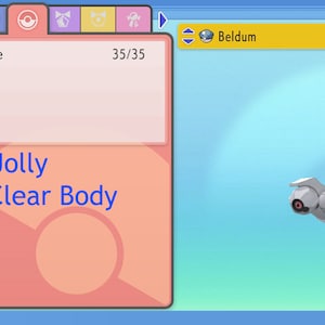 Peut inclure: Une capture d'écran d'un jeu Pokémon montrant un Pokémon Beldum avec le texte "Battle Moves" et "Beldum" dans des cases jaunes. Le Pokémon est de niveau 1 et a 35/35 de santé. Le texte "NORMAL Tackle" est dans une case blanche avec une bordure noire. Le texte "Nature: Jolly" et "Ability: Clear Body" est en bleu sur un fond rose.