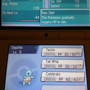 Pode incluir: Um personagem de Pokémon Squirtle azul numa tela de Nintendo DS. O Pokémon é de nível 5 e tem os movimentos Tackle, Tail Whip e Celebrate. As estatísticas do Pokémon são exibidas na tela, incluindo HP, Ataque, Defesa, Ataque Especial, Defesa Especial e Velocidade.