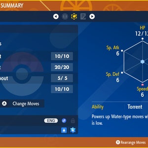 May include: A blue and white Pokemon status summary screen showing Squirtle, a water-type Pokemon, with its current moves, stats, and ability. The moves are Fake Out, Aqua Jet, Water Spout, and Yawn. The stats are HP 12/12, Sp. Atk 6, Sp. Def 6, Attack 5, Defense 6, and Speed 6. The ability is Torrent, which powers up Water-type moves when the Pokemon's HP is low.