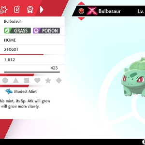 May include: A digital screenshot of a Bulbasaur Pokemon character in a video game. The Pokemon is level 14 and is a Grass and Poison type. The Pokemon is holding a Modest Mint item. The text on the screen reads "When a Pokemon smells this mint, its Sp. Atk will grow more easily, but its Attack will grow more slowly."