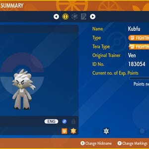 Puede incluir: Un modelo 3D de un Pokémon Kubfu, de tipo lucha con pelaje gris y blanco, se muestra sobre un fondo azul. El Pokémon está en el nivel 30 y tiene 33.750 puntos de experiencia. Necesita 3.488 puntos de experiencia más para subir de nivel. El entrenador original del Pokémon es Ven y su número de identificación es 183054.