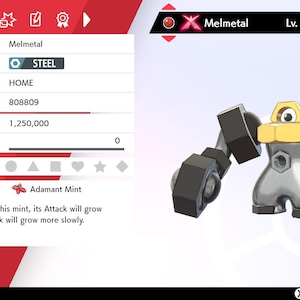 May include: A silver and yellow Melmetal Pokemon character with a level of 100. The Pokemon is a Steel type and is holding an Adamant Mint. The text on the screen reads "When a Pokemon smells this mint, its Attack will grow more easily, but its Sp. Atk will grow more slowly."