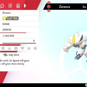Può includere: Uno screenshot di un videogioco che mostra un Pokémon Zeraora al livello 100. Il Pokémon è bianco con accenti gialli ed è in una posa da combattimento. Lo schermo mostra anche le statistiche del Pokémon, incluso il suo tipo, l'allenatore originale, il numero di identificazione e i punti esperienza attuali.