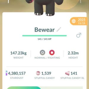 May include: A mobile game screen displays a Bewear character with a CP of 1308. The character is pink, white, and black, with a weight of 147.23kg and a height of 2.32m. The screen shows stardust, candy, and power-up options.