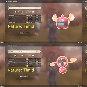 May include: Eight different Pokemon sprites, each with a different design and color scheme. The sprites are all in a cartoon style and have a variety of expressions. The text "Nature: Timid" appears below each sprite.