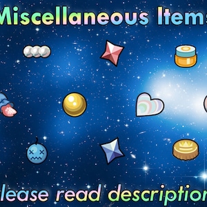 May include: A collection of miscellaneous items from the Pokemon video game series, including a feather, pearls, a red gem, a jar of ointment, a bamboo shoot, a blue bag with a red tongue, a gold ball, a rainbow heart, an eye, a yellow mushroom, a blue and white ghost, a blue gem, a gold crown, a red and white mushroom, and two red and white Poke Balls. The text "Please read description!" is at the bottom of the image.