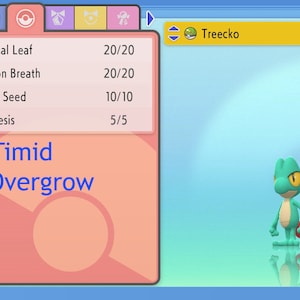 May include: A video game screenshot showing a green and red lizard-like creature, Treecko. The screen displays Treecko's battle moves: Magical Leaf, Dragon Breath, Leech Seed, and Synthesis. The text also indicates Treecko's nature as Timid and its ability as Overgrow.