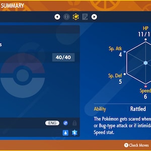 Op de afbeelding: Een blauw scherm met een Pokémon-statusoverzicht. De Pokémon is Magikarp, level 1, met 40/40 ervaringspunten. De Pokémon heeft één aanval, Splash. De Pokémon-statistieken worden weergegeven in een zeshoek met een blauwe achtergrond. De statistieken zijn: HP 11/11, Sp. Aanv. 4, Aanval 5, Sp. Ver. 5, Snelheid 6, Verdediging 6. De Pokémon-eigenschap is Intimidatie. De tekst luidt: "De Pokémon raakt bang wanneer hij geraakt wordt door een aanval van het type Duisternis, Spook of Insect, of wanneer hij geïntimideerd wordt, wat zijn snelheidsstatistiek verhoogt."