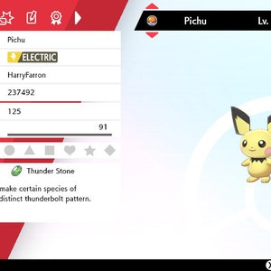 Pode incluir: Uma captura de tela de um Pichu Pokémon no videogame Pokémon Espada e Escudo. O Pokémon é de nível 5 e está segurando uma Pedra Trovão. O texto na tela diz "Pichu", "Lv. 5", "ELÉTRICO", "HarryFarron", "237492", "125", "91", "Pedra Trovão", e "Uma pedra peculiar que pode fazer certas espécies de Pokémon evoluírem. Tem um padrão de raio distinto."