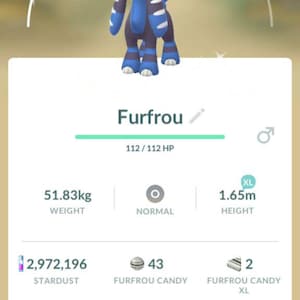 May include: A mobile game screen displays a blue and black Furfrou character with a CP of 1125. The character is 1.65 meters tall and weighs 51.83 kilograms. The screen shows stardust, Furfrou candy, and options to power up or change form.