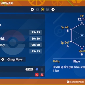 Puede incluir: Una captura de pantalla de un Pokémon Cyndaquil en el videojuego Pokémon. La pantalla muestra las estadísticas, los movimientos y la habilidad del Pokémon. El nombre del Pokémon es Cyndaquil, y es de nivel 1. La habilidad del Pokémon es Brasier, que potencia los movimientos de tipo Fuego cuando los PS del Pokémon son bajos. Los movimientos actuales del Pokémon son Avaricia, Patada Doble, Extrasensorial y Reversa.