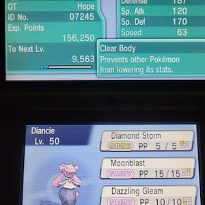 May include: Diancie, a Rock and Fairy type Pokémon, is level 50. It has 125/125 HP, 120 Attack, 187 Defence, 120 Special Attack, 170 Special Defence, and 63 Speed. Its ability is Clear Body, which prevents other Pokémon from lowering its stats. Diancie knows the moves Diamond Storm, Moonblast, Dazzling Gleam, and Protect.