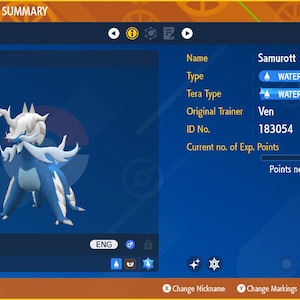 May include: A blue and white Samurott Pokemon character with a Water and Dark type. The Pokemon is level 36 and has 40,007 experience points. The Pokemon's original trainer is Ven and its ID number is 183054.