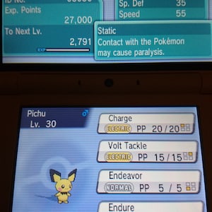 Pode incluir: Tela de console portátil exibindo Pichu de Pokémon. A tela mostra estatísticas, movimentos e nível do personagem. O texto inclui "Elétrico" e "Estático".
