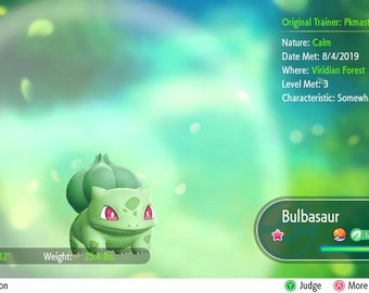 Shiny/Non-shiny Bulbasaur/Charmander/Squirtle Bundle 6IV XL - Let's Go Pikachu/Eevee HOME (100% Legal)