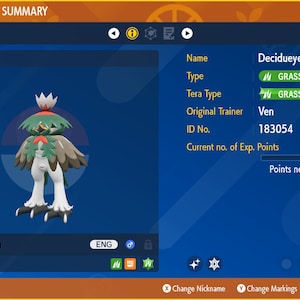 May include: A 3D model of a Decidueye Pokemon with green, brown, and white coloring. The Pokemon is level 36 and has a Grass and Fighting type. The Pokemon's ID number is 183054 and it has 40,007 experience points. It needs 3,801 more experience points to level up.