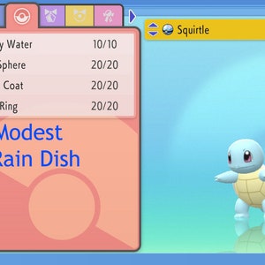 Pode incluir: Um Squirtle azul com uma concha amarela, em pé sobre um fundo azul e branco. O Pokémon é de nível 1 e tem os seguintes movimentos:  Muddysphère, Aurasphère, Reflexo, e Aqua Ring. A natureza do Pokémon é Modesta e sua habilidade é  Recuperação.