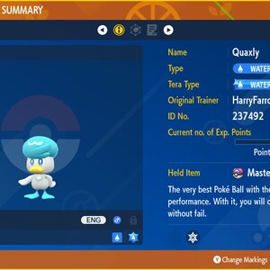 Puede incluir: Un personaje Pok&eacute;mon Quaxly azul y blanco de nivel 5. El Pok&eacute;mon sostiene una Master Ball, que es una Pok&eacute; Ball morada y blanca con una estrella. El texto en la pantalla dice "Quaxly" y "Lv. 5".
