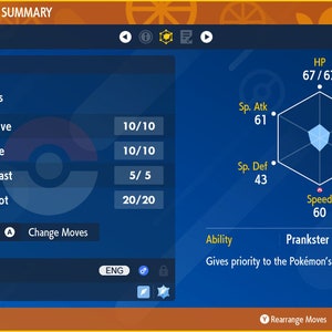May include: A blue and white Pokemon status summary screen showing Tornadus, a flying type Pokemon, with its stats and moves. The Pokemon has 67/67 HP, 61 Special Attack, 43 Special Defense, 51 Attack, 39 Defense, and 60 Speed. The Pokemon's moves are Heat Wave, Hurricane, Focus Blast, and Nasty Plot. The Pokemon's ability is Prankster, which gives priority to the Pokemon's status moves.