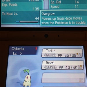 Pode incluir: Uma captura de tela de um jogo Nintendo DS mostrando um Pokémon Chikorita com os movimentos Tackle e Growl. O Pokémon é de nível 5 e tem 35/35 PP para Tackle e 40/40 PP para Growl. As estatísticas do Pokémon também são mostradas, com um PV de 21/21, Ataque de 9, Defesa de 13, Ataque Especial de 11, Defesa Especial de 14 e Velocidade de 11.