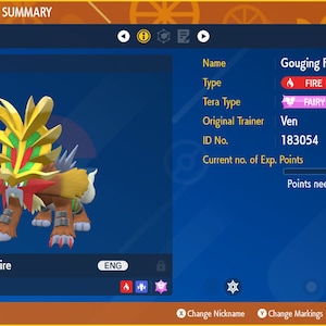 May include: A digital screenshot of a Pokemon video game showing a Gouging Fire Pokemon with a level of 75. The Pokemon is a Fire and Dragon type with a Fairy Tera type. The Pokemon's ID number is 183054 and it has 527,343 experience points. The Pokemon needs 21,377 more experience points to level up.