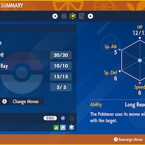 May include: A blue and white Pokemon status summary screen showing Rowlet, a grass and flying type Pokemon, at level 1. The screen shows Rowlet's current moves: Knock Off, Confuse Ray, Defog, and Roost. The screen also shows Rowlet's stats, including HP, Attack, Defence, Special Attack, Special Defence, and Speed. Rowlet's ability is Long Reach, which allows it to use its moves without making contact with the target.