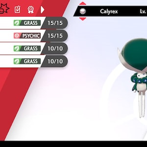 Pode incluir: Uma captura de tela de um videogame com o personagem Calyrex, nível 80. O personagem tem uma cabeça verde e branca, uma gola azul e branca e pernas brancas. A tela também mostra os movimentos: Seed Bomb, Zen Headbutt, Solar Blade e Leech Seed.