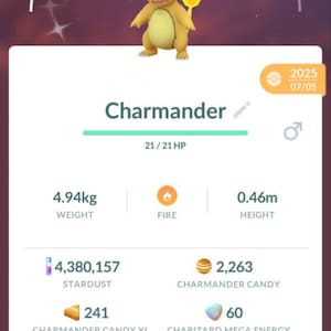 May include: A mobile game screen featuring a Charmander character with a party hat. The screen displays the character's stats, including weight (4.94kg), height (0.46m), and various in-game resources like Stardust and Candy. The game interface includes buttons for actions like Power Up and Evolve.