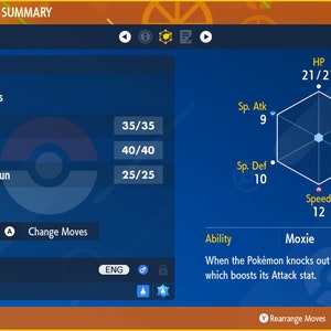 Puede incluir: Una pantalla azul con un resumen de estado de Pok&eacute;mon. El Pok&eacute;mon es un Quaxly, nivel 5. Las estad&iacute;sticas del Pok&eacute;mon se muestran en una forma hexagonal con las siguientes estad&iacute;sticas: PS 21/21, Atq. Esp. 9, Ataque 13, Def. Esp. 10, Defensa 10, Velocidad 12. Los movimientos actuales del Pok&eacute;mon son:  Golpe, Gru&ntilde;ido y Pistola de agua. La habilidad del Pok&eacute;mon es:  Moxie. El texto dice:  "Cuando el Pok&eacute;mon noquea a un objetivo, muestra moxie, lo que aumenta su estad&iacute;stica de Ataque."