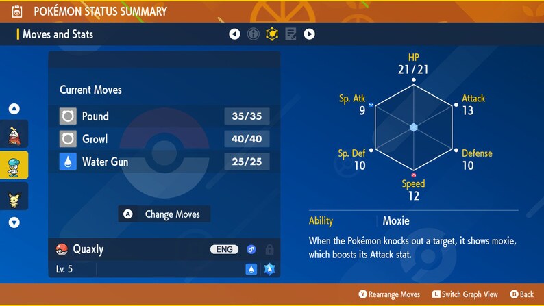 Puede incluir: Una pantalla azul con un resumen de estado de Pok&eacute;mon. El Pok&eacute;mon es un Quaxly, nivel 5. Las estad&iacute;sticas del Pok&eacute;mon se muestran en una forma hexagonal con las siguientes estad&iacute;sticas: PS 21/21, Atq. Esp. 9, Ataque 13, Def. Esp. 10, Defensa 10, Velocidad 12. Los movimientos actuales del Pok&eacute;mon son:  Golpe, Gru&ntilde;ido y Pistola de agua. La habilidad del Pok&eacute;mon es:  Moxie. El texto dice:  "Cuando el Pok&eacute;mon noquea a un objetivo, muestra moxie, lo que aumenta su estad&iacute;stica de Ataque."
