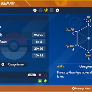 May include: A screenshot of a Pokemon game showing a Chikorita Pokemon with its stats and moves. The Pokemon is level 1 and has 12/12 HP. Its moves are Vine Whip, Ancient Power, Ingrain, and Flail. Its ability is Overgrow, which powers up Grass-type moves when the Pokemon's HP is low.