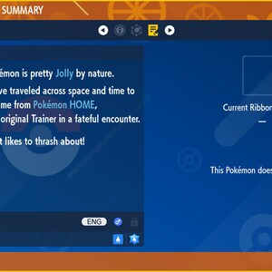 Puede incluir: Una pantalla azul con un cuadro blanco que contiene el texto "POK&Eacute;MON STATUS SUMMARY". La pantalla muestra un fondo azul con un cuadro blanco que contiene el texto "Memories". La pantalla tambi&eacute;n muestra un fondo azul con un cuadro blanco que contiene el texto "Este Pok&eacute;mon es bastante Alegre por naturaleza. Parece que ha viajado a trav&eacute;s del espacio y el tiempo para unirse a m&iacute; desde Pok&eacute;mon HOME, donde conoci&oacute; a su Entrenador original en un encuentro fat&iacute;dico. &iexcl;Le gusta revolverse!" La pantalla tambi&eacute;n muestra un fondo azul con un cuadro blanco que contiene el texto "Cinta o marca actual" y un cuadro blanco que contiene el texto "Este Pok&eacute;mon no tiene ninguna."